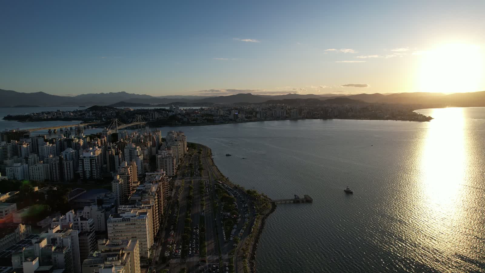 Aerial view of downtown Florianópolis and the bay at sunset