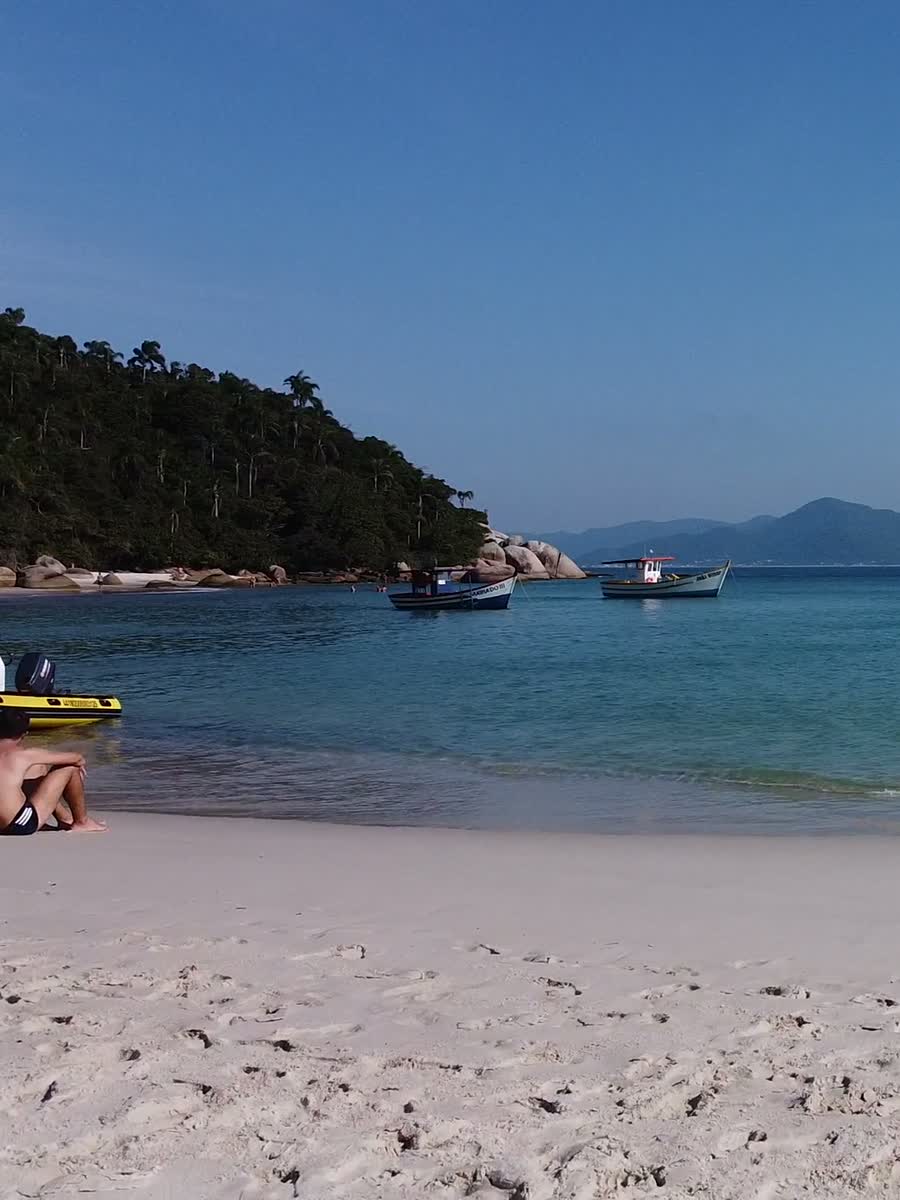 Quiet cove with fishing boats and forested headland in Florianópolis